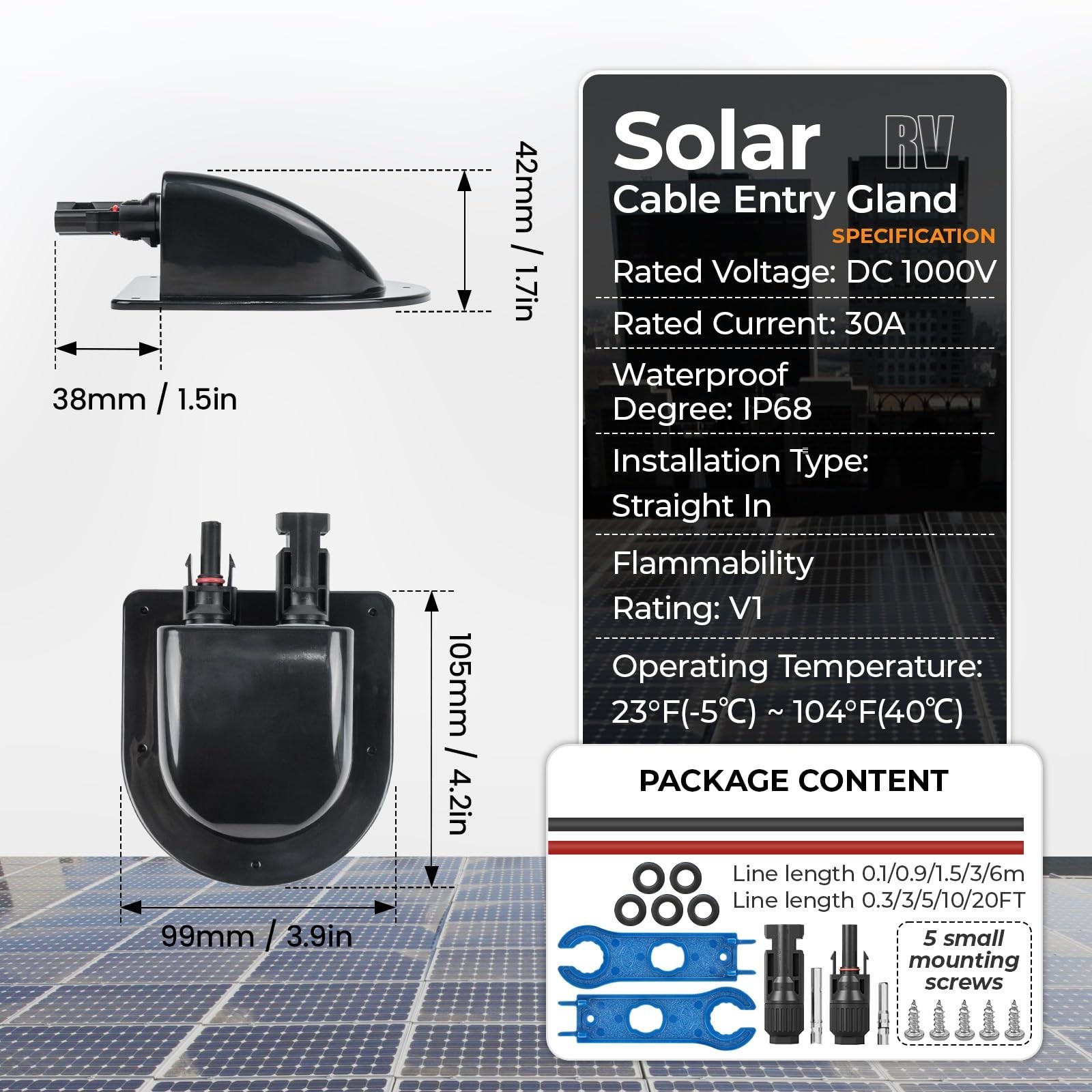Solar Cable Entry Gland Kit – 10AWG Copper Wire, UV Resistant Dual Housing for R