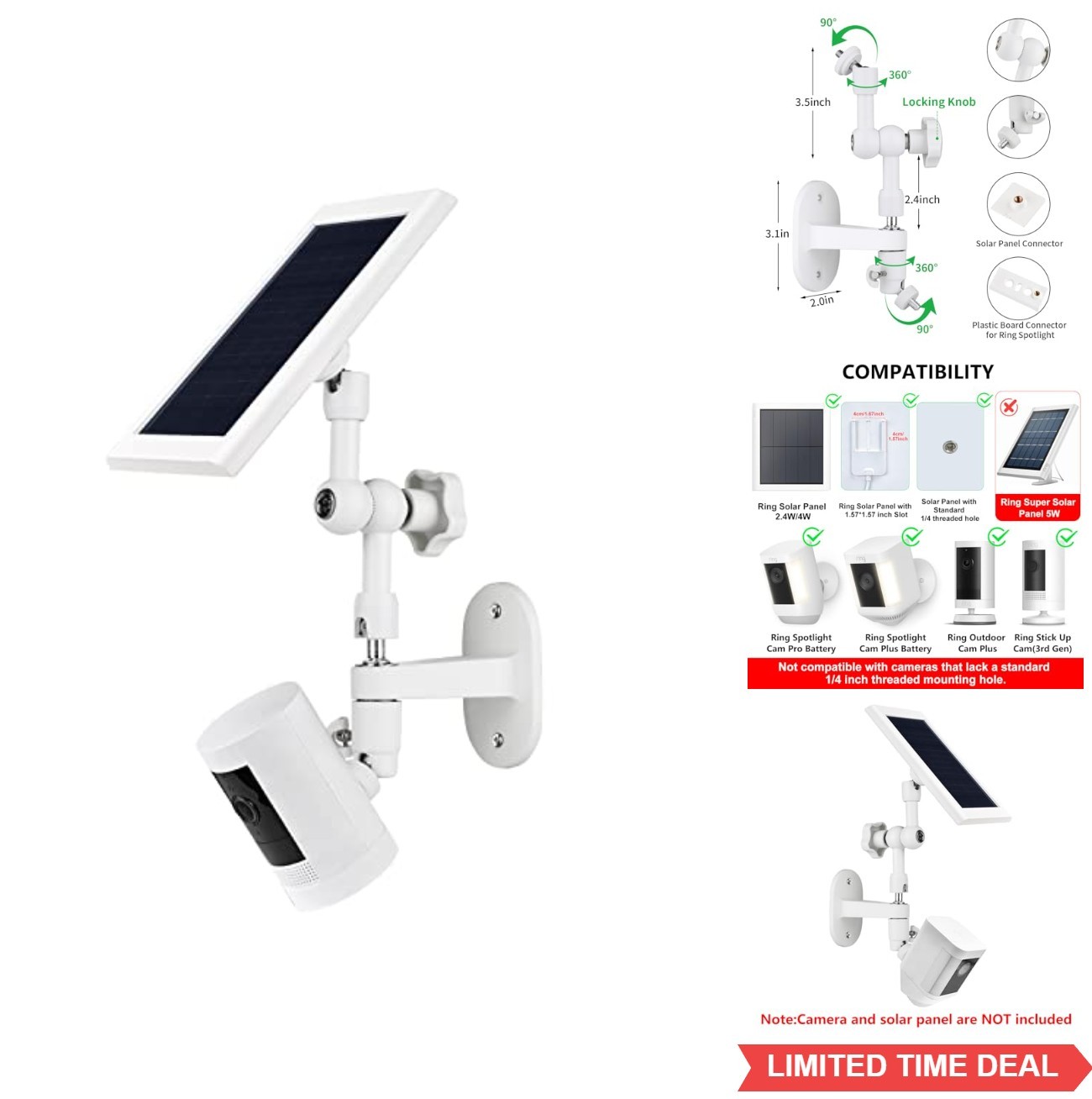 Wall Mount Solar Panel Holder for Ring Stick Up Cam Battery Spotlight Plus Pro