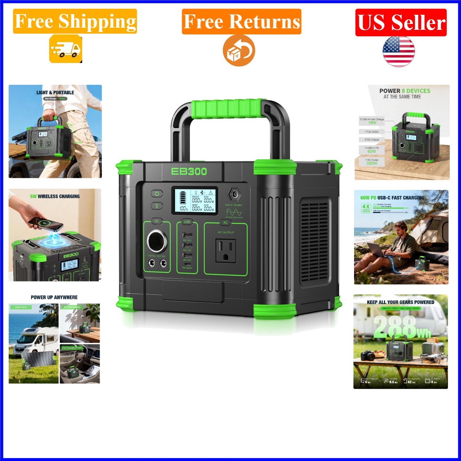 300W Portable Solar Generator, 288Wh, 8 Ports, USB-C PD, Black