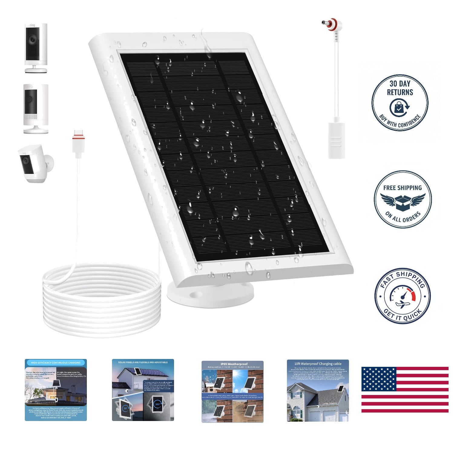 Solar Panel for Ring Camera(2nd Generation) Dustproof Waterproof 5W Solar Panel
