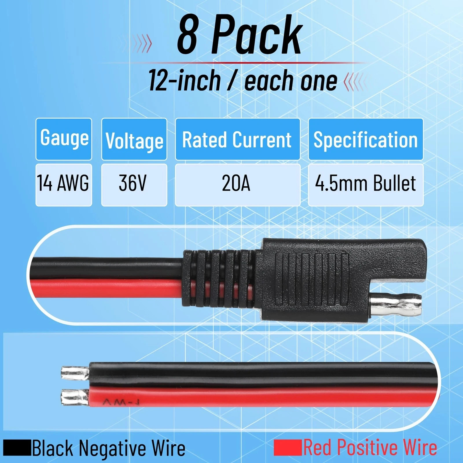 Bates- SAE Connector Cable, 12 Inch, 8 Pack, 14 AWG, 2 Pin Single Plug Quick
