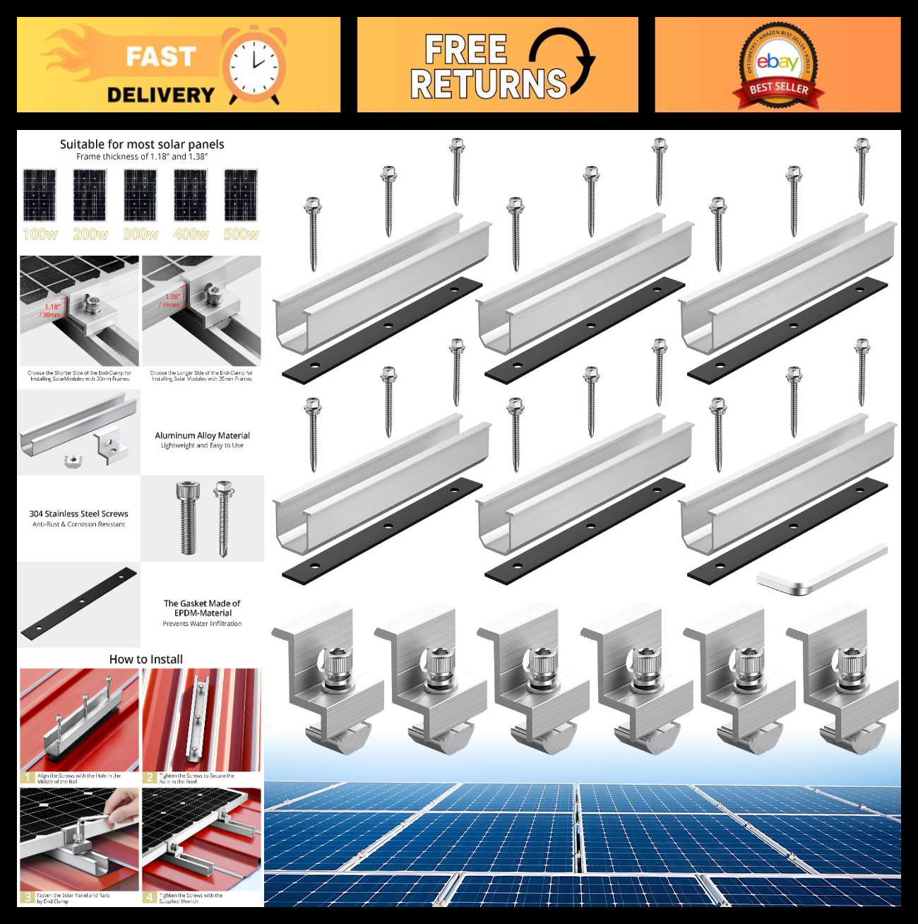 Solar Panel Mounting Bracket Kit – 6 Pcs Aluminium Clamps for Metal & Flat Roofs