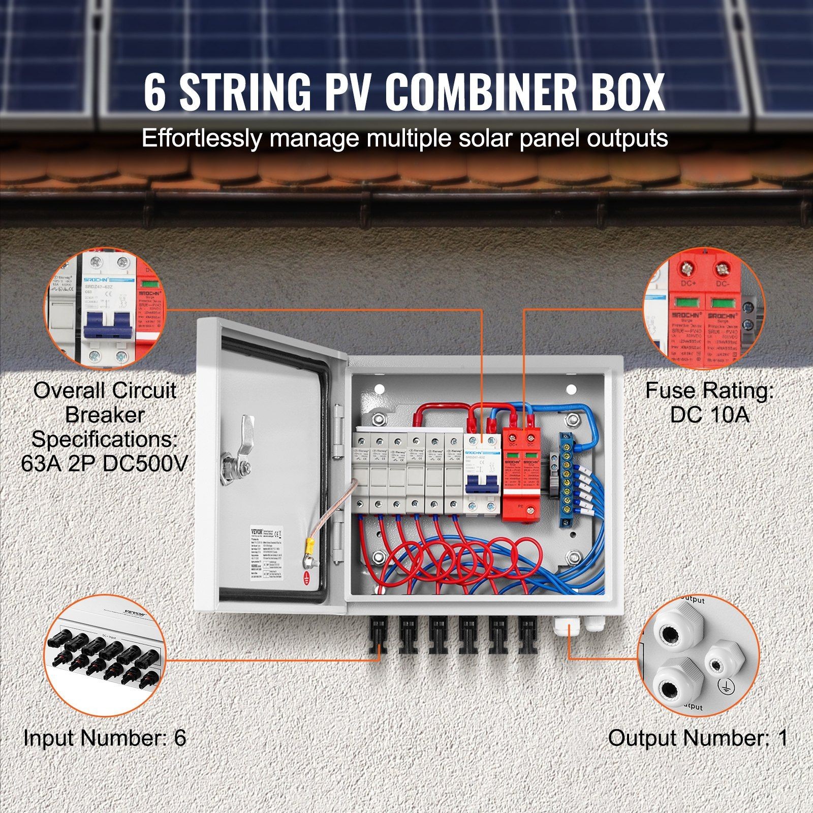 6 String 10A Solar PV Combiner Box with Mounting Brackets Steel IP65