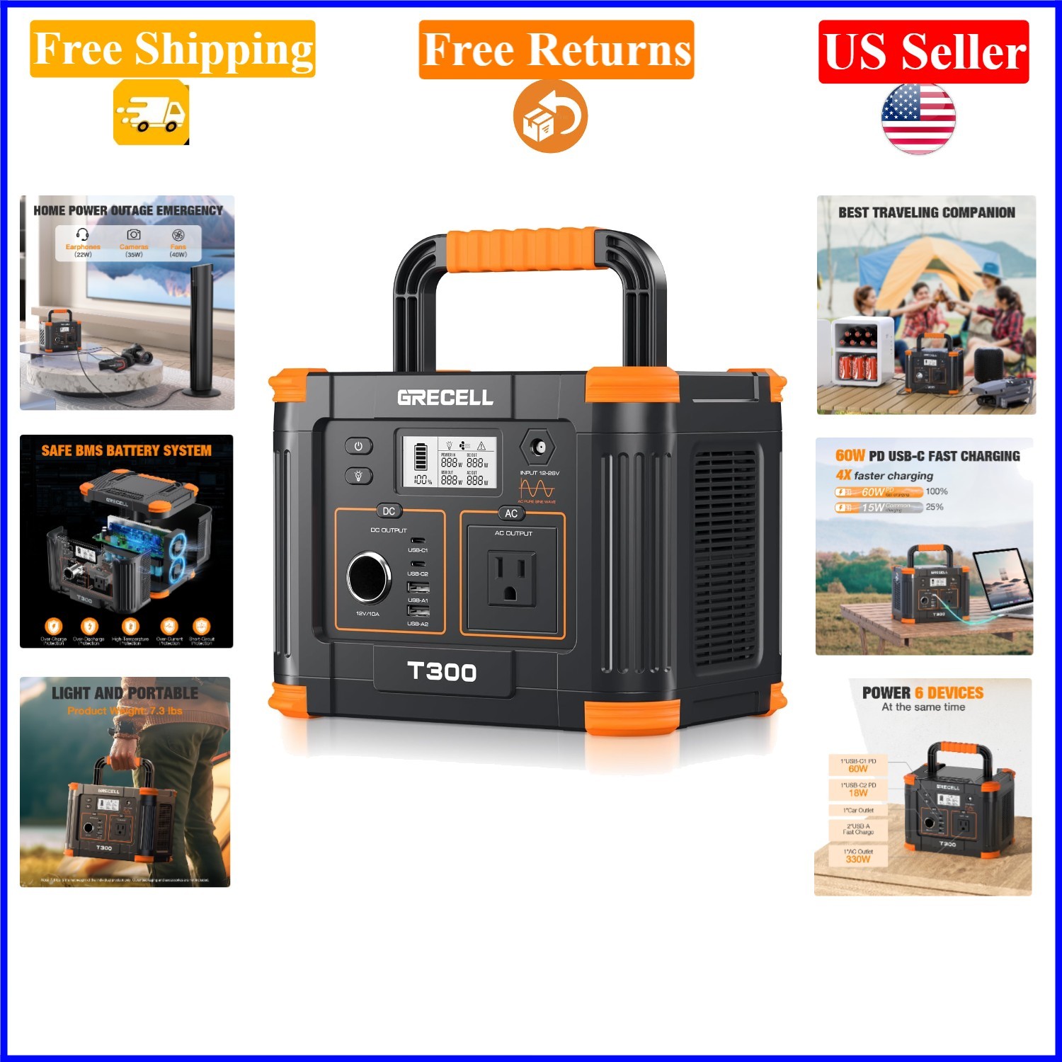 Portable Power Station 300W, 230.88Wh Solar Generator, USB-C, AC Outlet