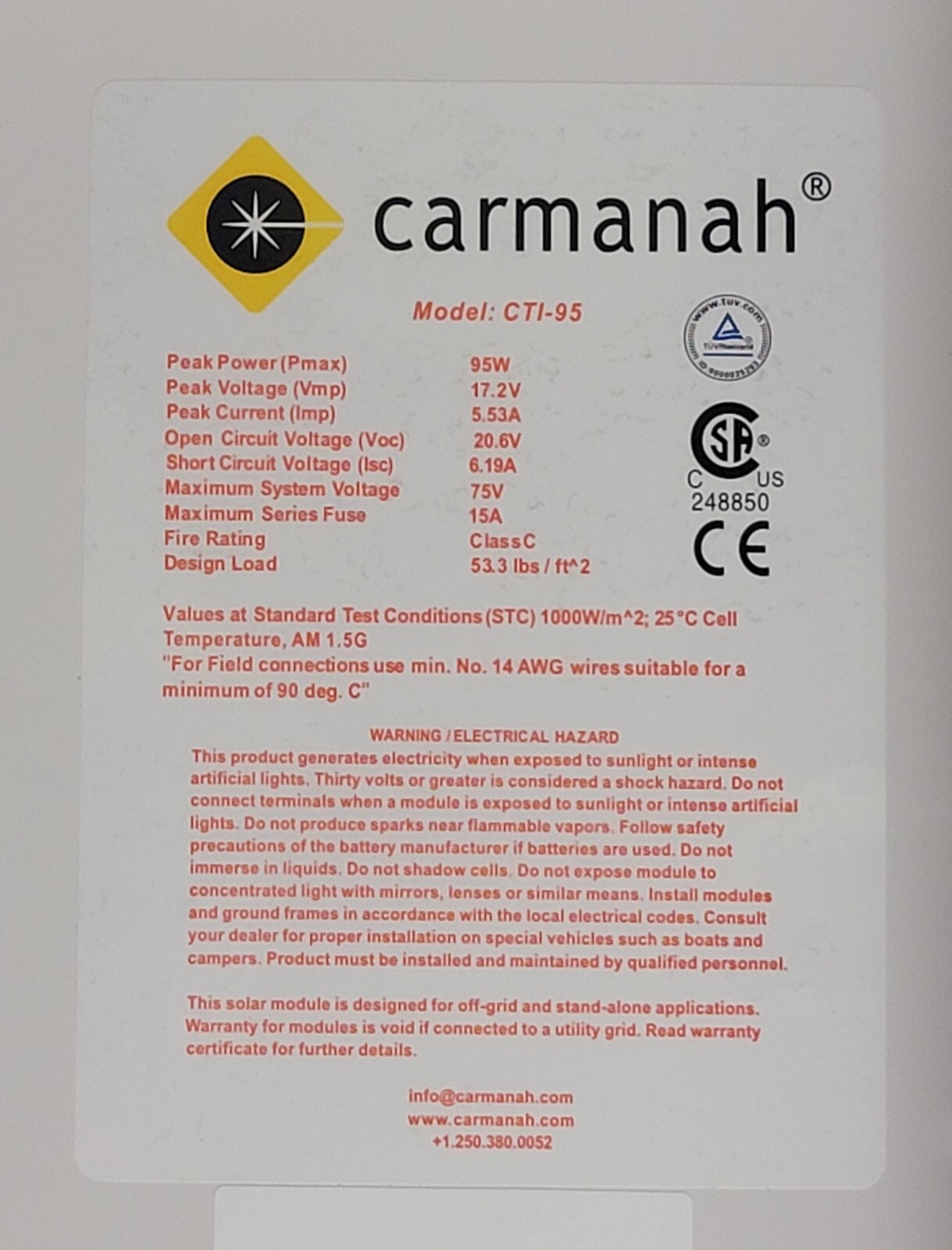 Carmanah 95 Watt Solar Panel CTI-95 -Tested- Discounted 25%!