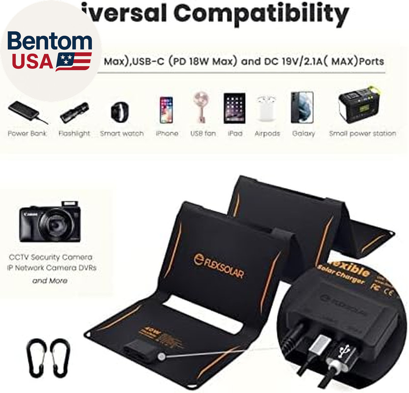 40W Foldable Solar Panel Charger with USB-C and USB-A Outputs for Phones, Power