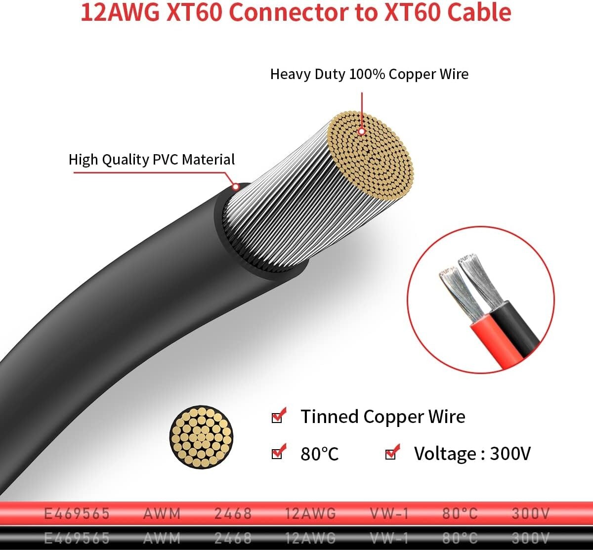 12AWG 2FT XT60 Extension Cable Female-Male Connector Power Station Solar Panel
