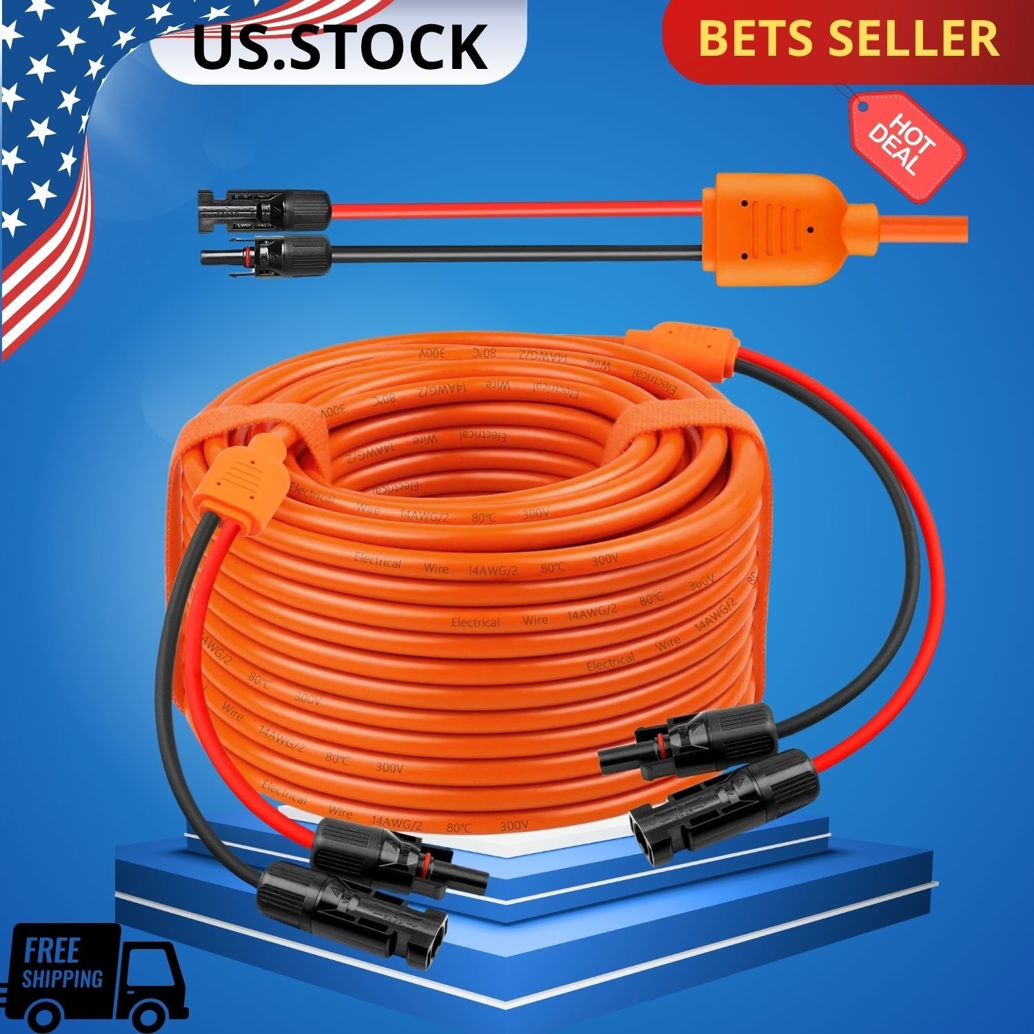 NEW 100FT Solar Panel Extension Cable 10AWG+14AWG Waterproof IP68 Connectors