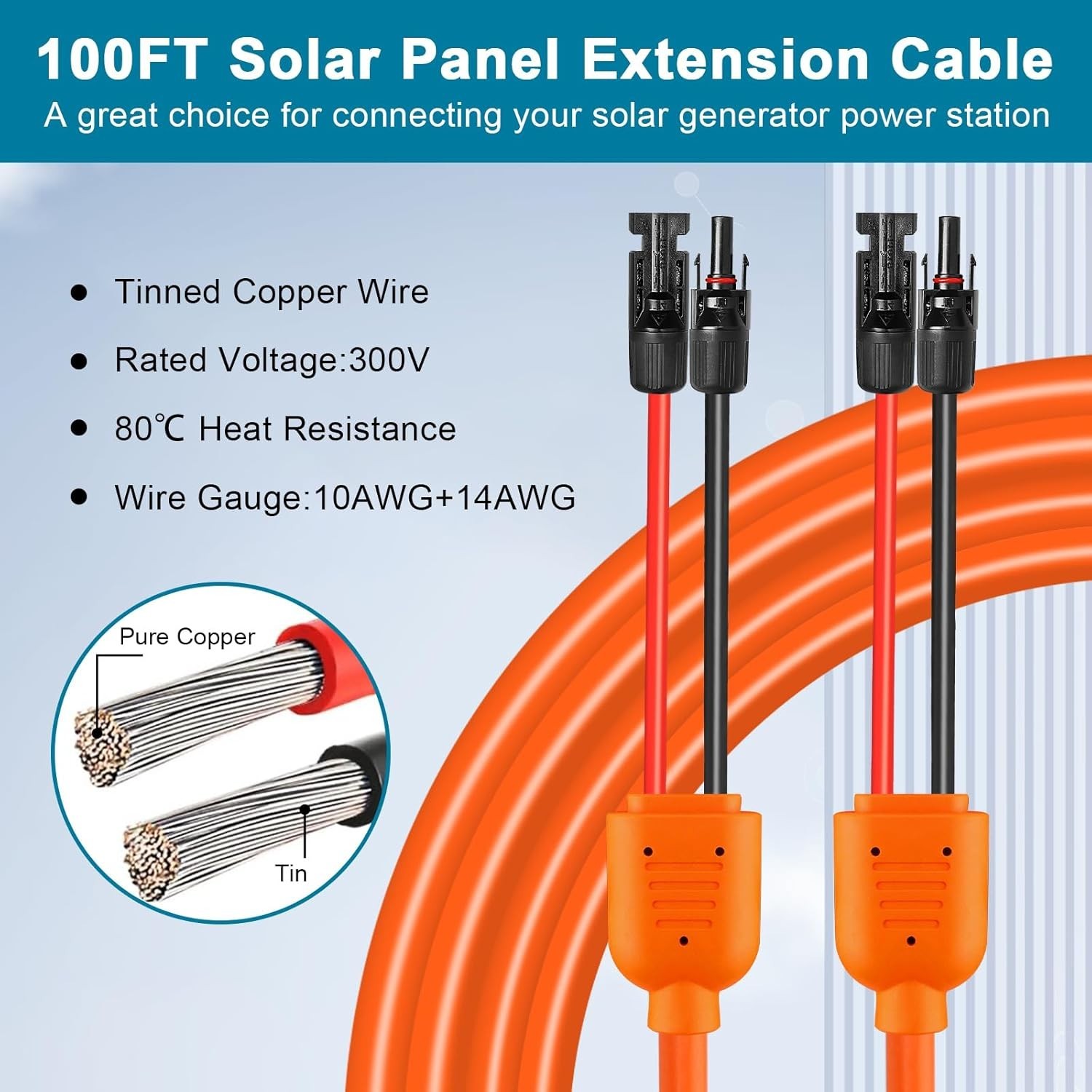 NEW 100FT Solar Panel Extension Cable 10AWG+14AWG Waterproof IP68 Connectors