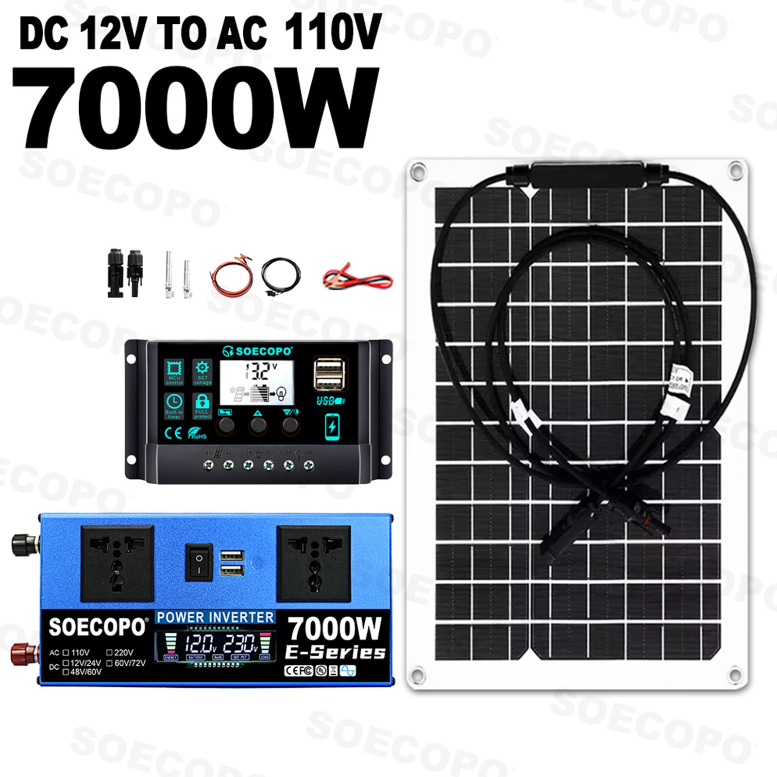 SOECOPO 7000W Peak Solar System Kit Flexible Panel 100A Controller 12V 24V