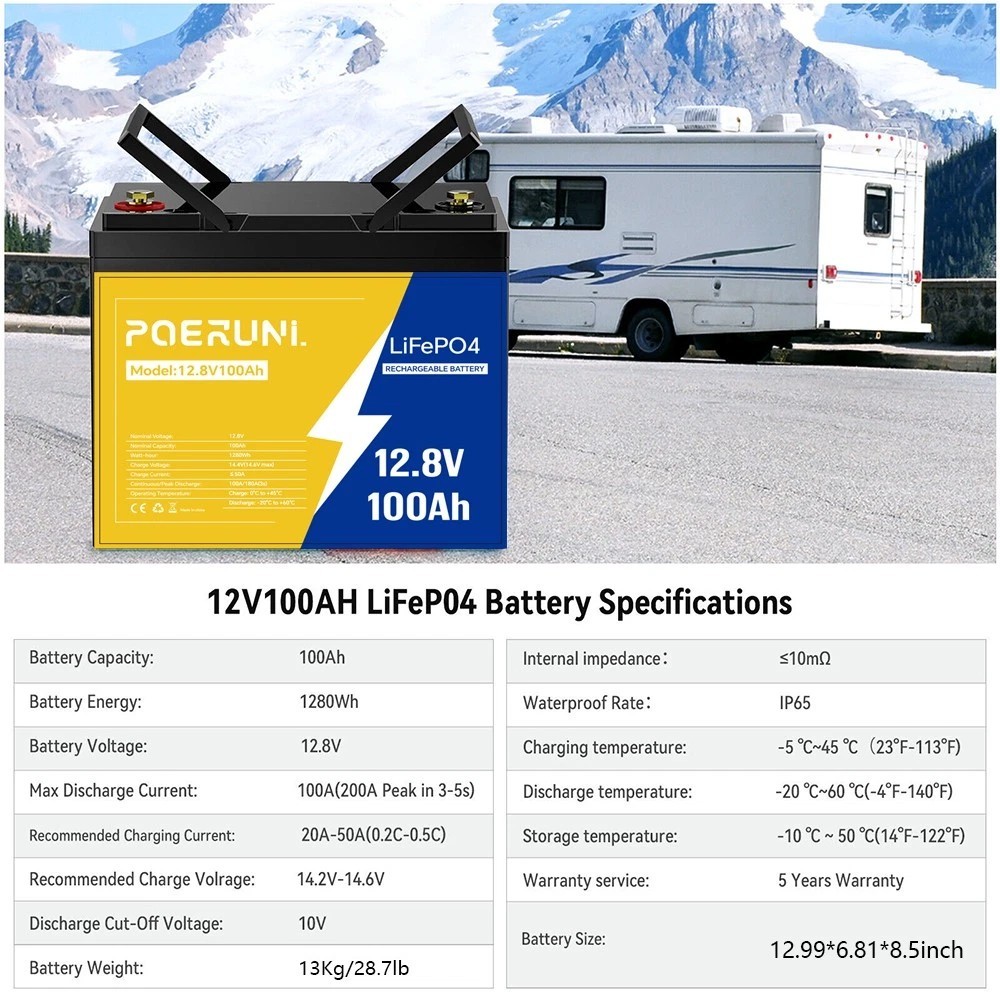 1/2/4Pack 12V 100Ah LiFePO4 Lithium Battery Built-in BMS Deep Cycle for Solar RV