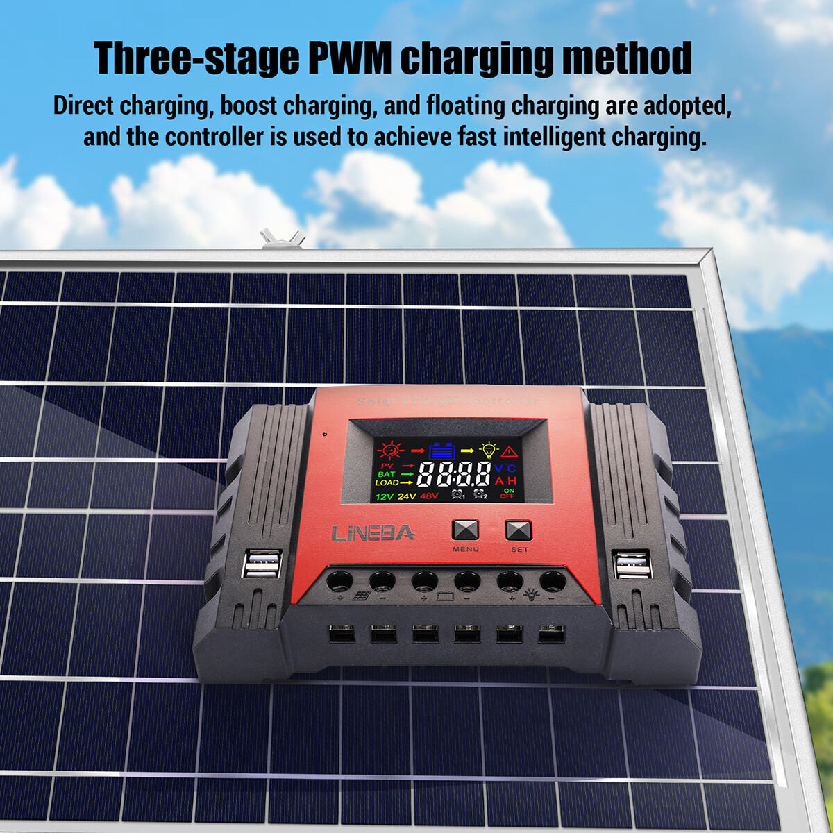 12V/24V/36V/48V 30-100A PWM Solar Charge Controller Panel Battery Regulator 4USB