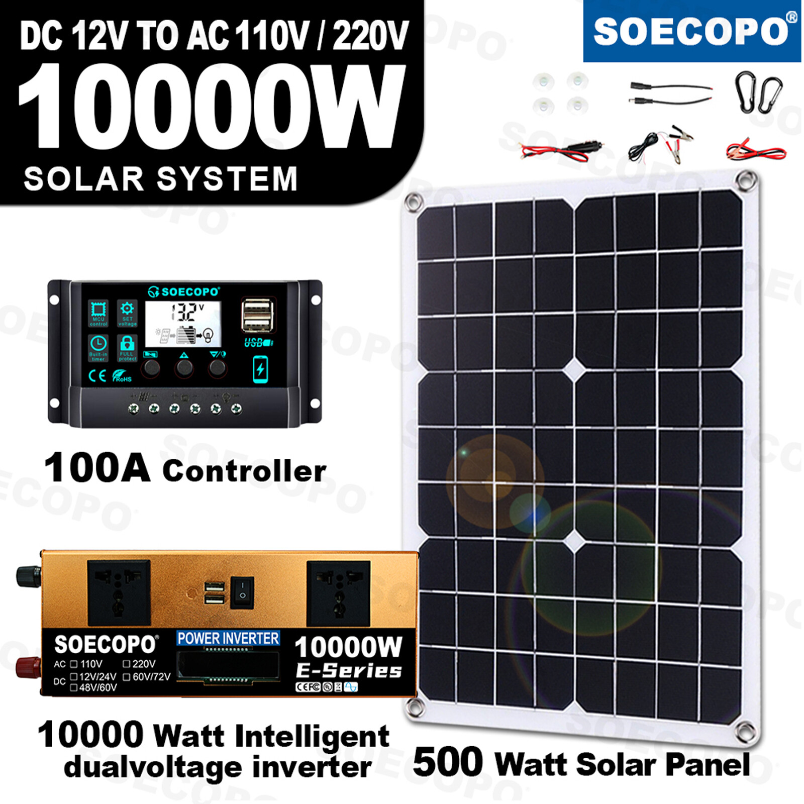 10000W Solar Kit 500W Panel 100A MPPT Controller DC Cable 12V/24V to 220V/110V7w