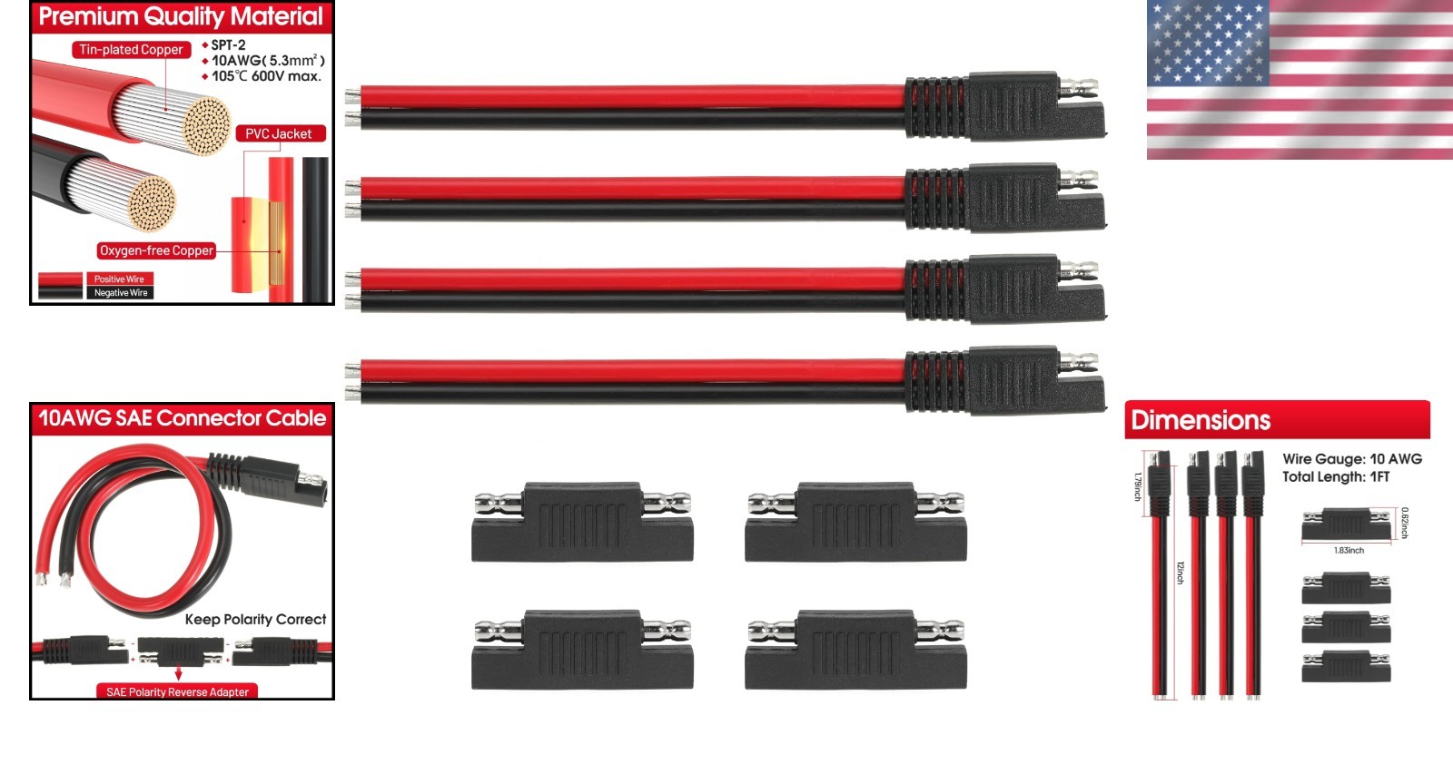 10AWG SAE Extension Cable 1FT 2-Pin Quick Disconnect Weatherproof 4 Pack