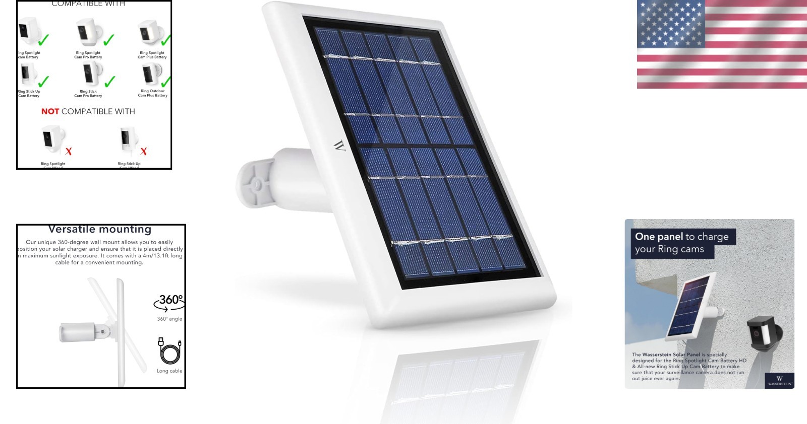 Solar Panel Compatible with Ring Cameras 360° Wall Mount 1 Pack White