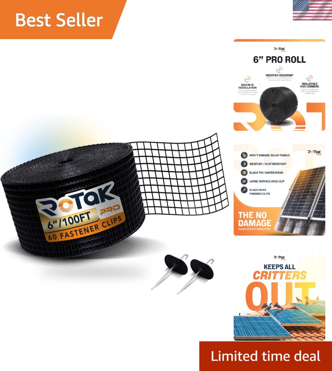 Critter Guard PRO – 6in x 100ft Solar Panel Bird Prevention Roll Kit with 60 …