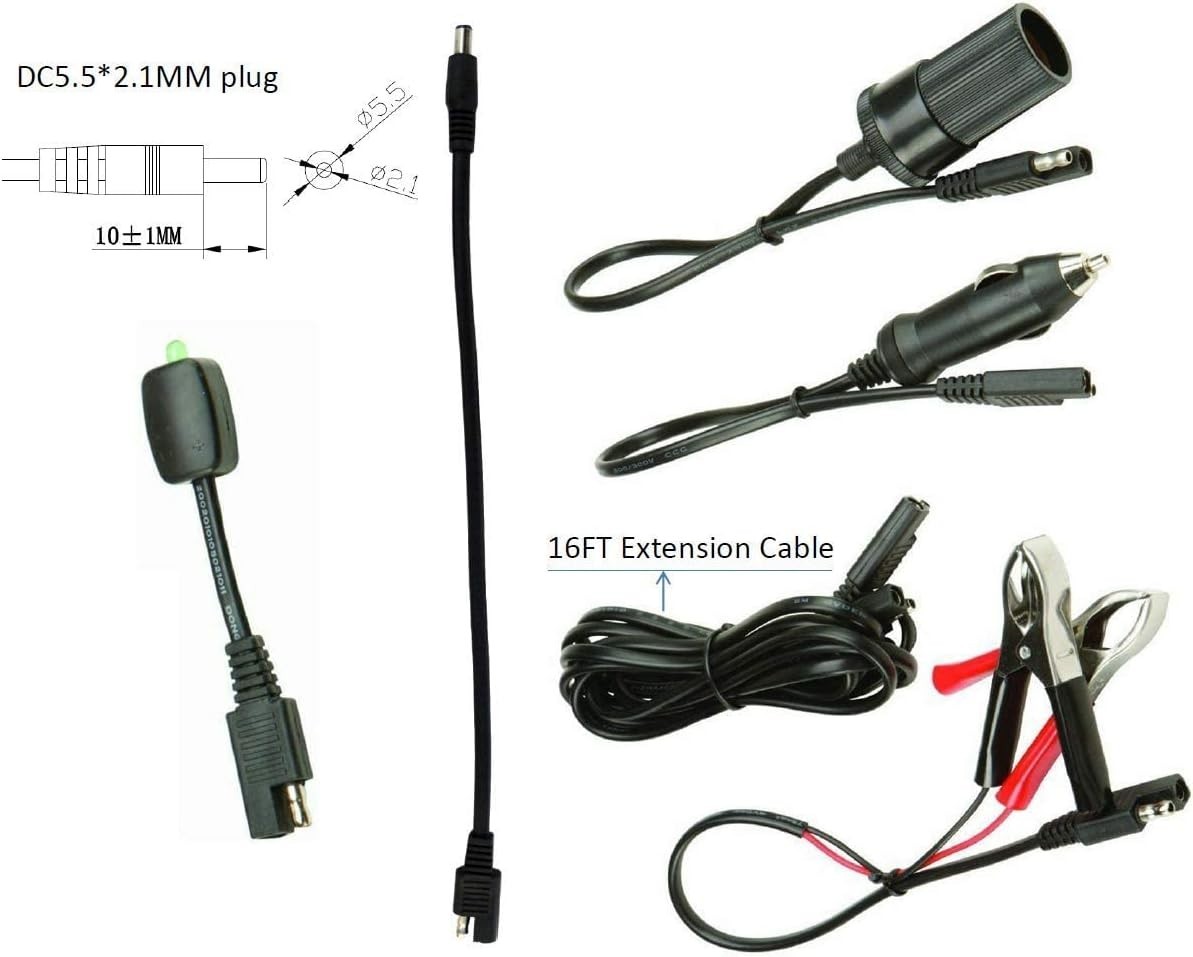 Extendable 16FT SAE Connector Cable with Battery Clamps & Solar Charge Indicator