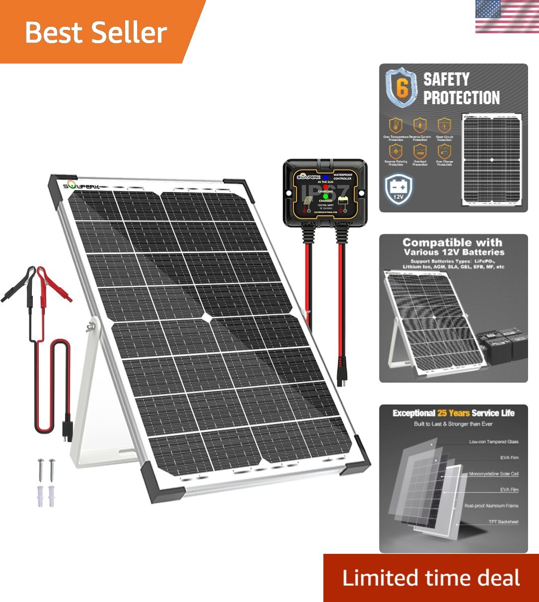 High-Efficiency 30W Solar Charger Kit with Adjustable Bracket for Outdoor Use