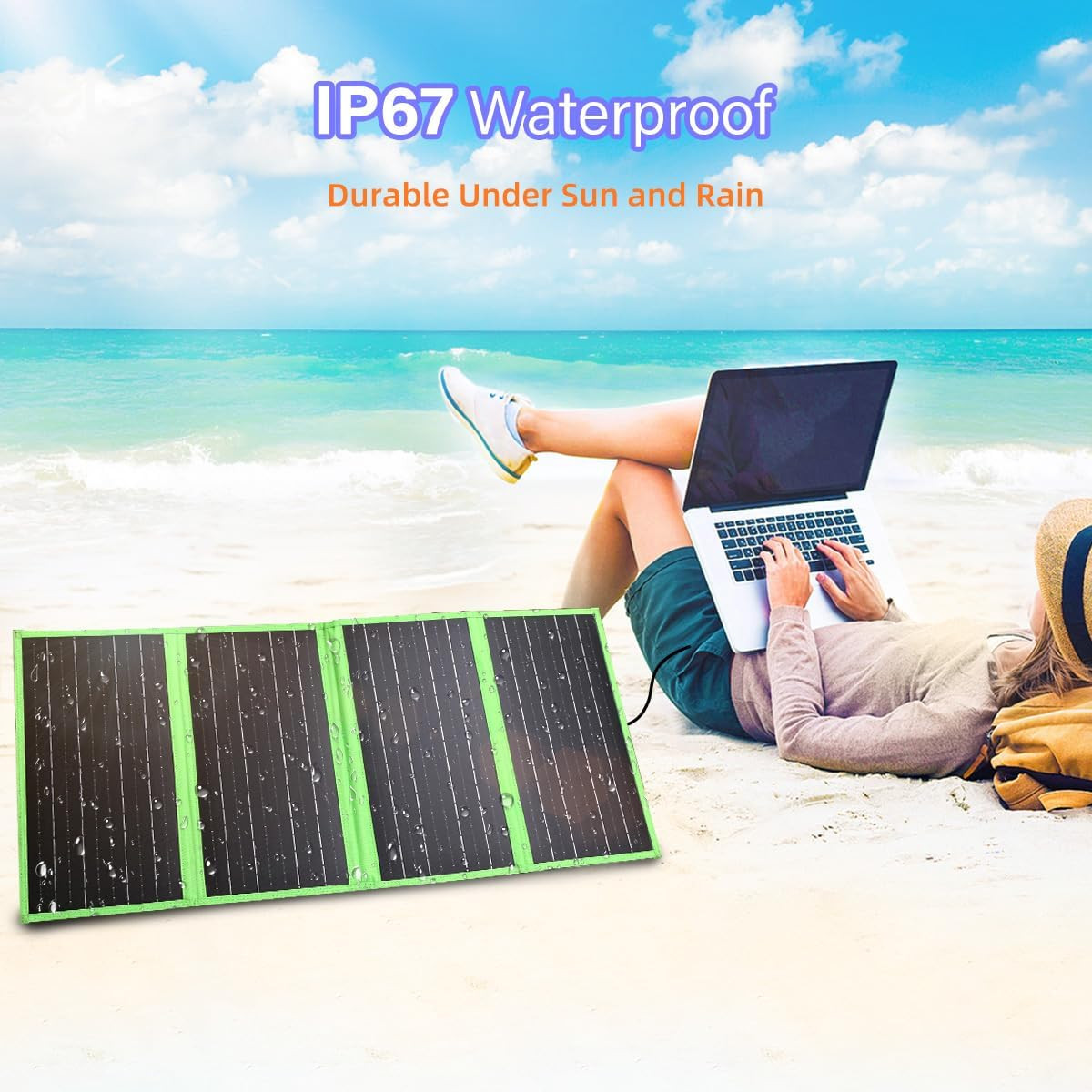 60W Portable Solar Panel Charger with USB-C, USB-A, DC Port, GOLUMU Outdoor IP67