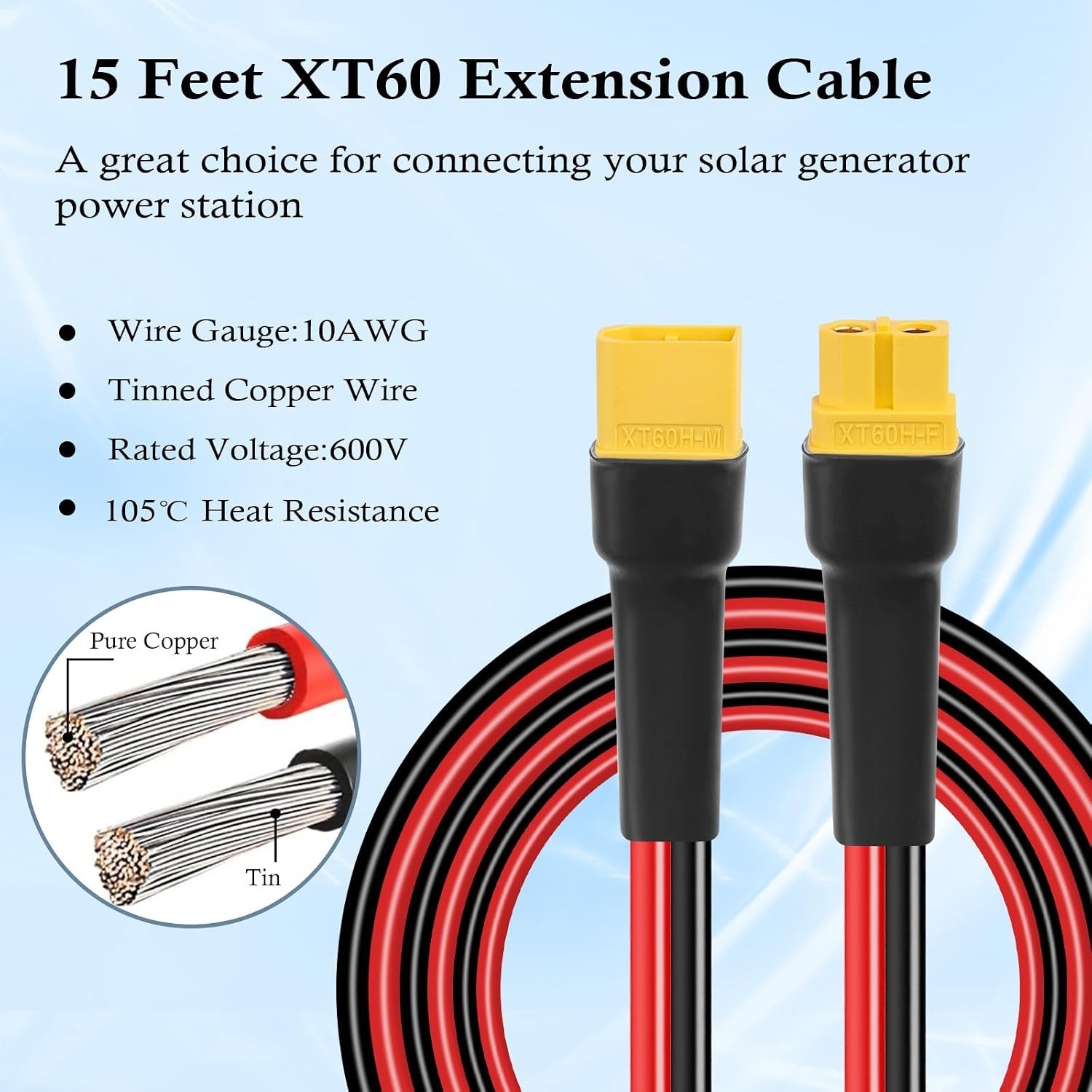 Reliable XT60 Adapter 10AWG 15FT Extension Cable Solar Panel