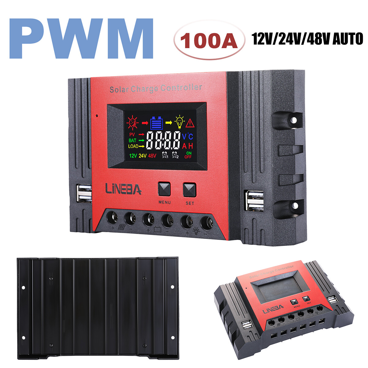 30A Solar Charge Controller 100A PWM Regulator for 12V 24V with 4 USB Ports