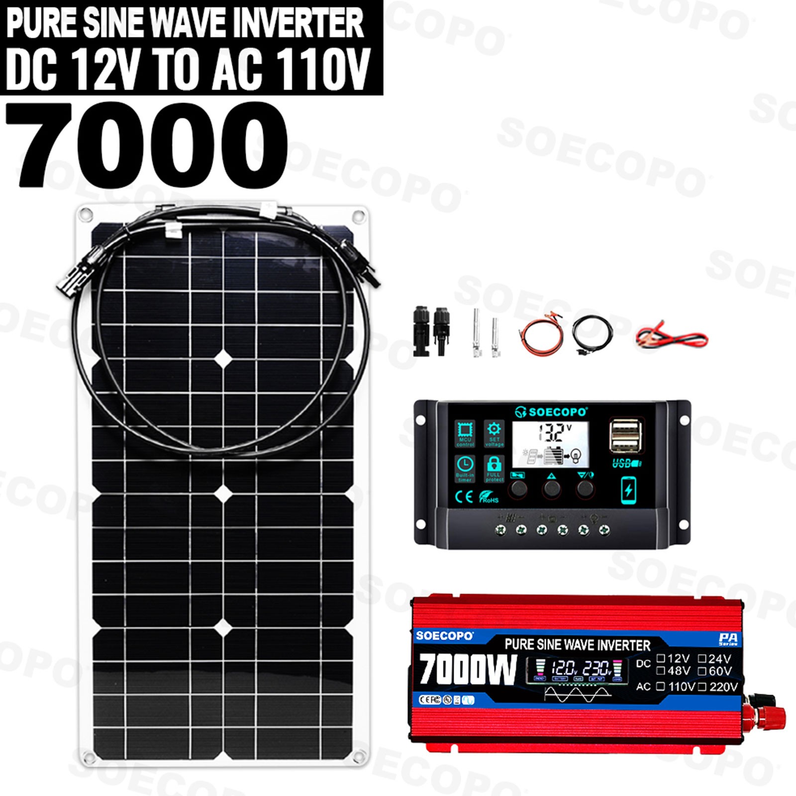 Pure Sine Wave Inverter 7000W Solar System Kit 100A Controller DC12V AC110 220V
