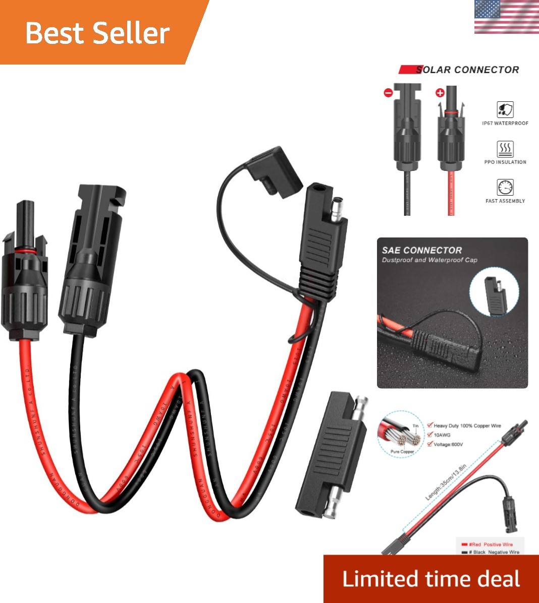 Durable 10AWG Solar Panel Connector Cable with Polarity Reverse Adapter, 1.15ft