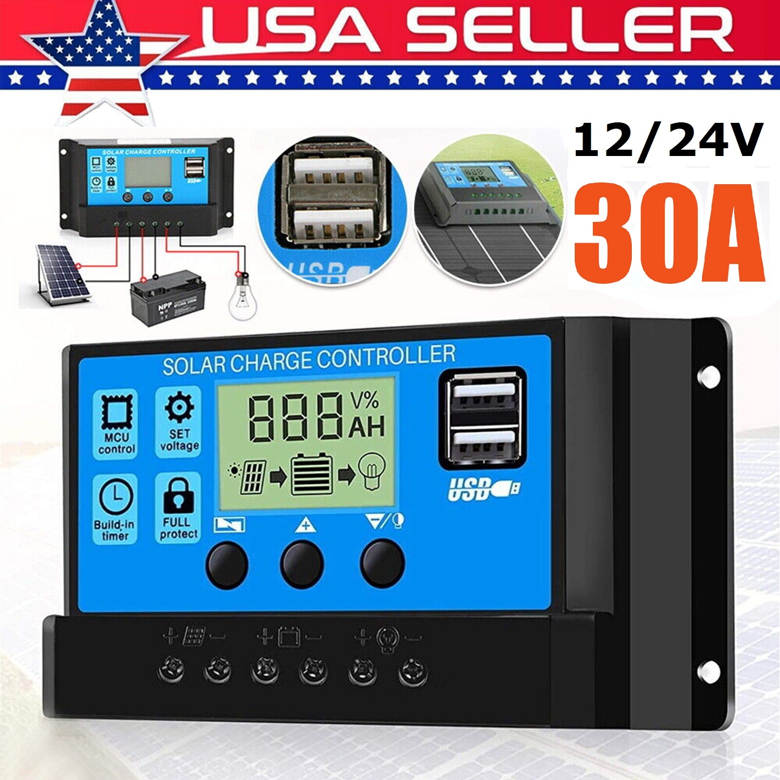 30A Solar Panel Battery Regulator Charge Controller 12V/24V w/Dual USB LCD US