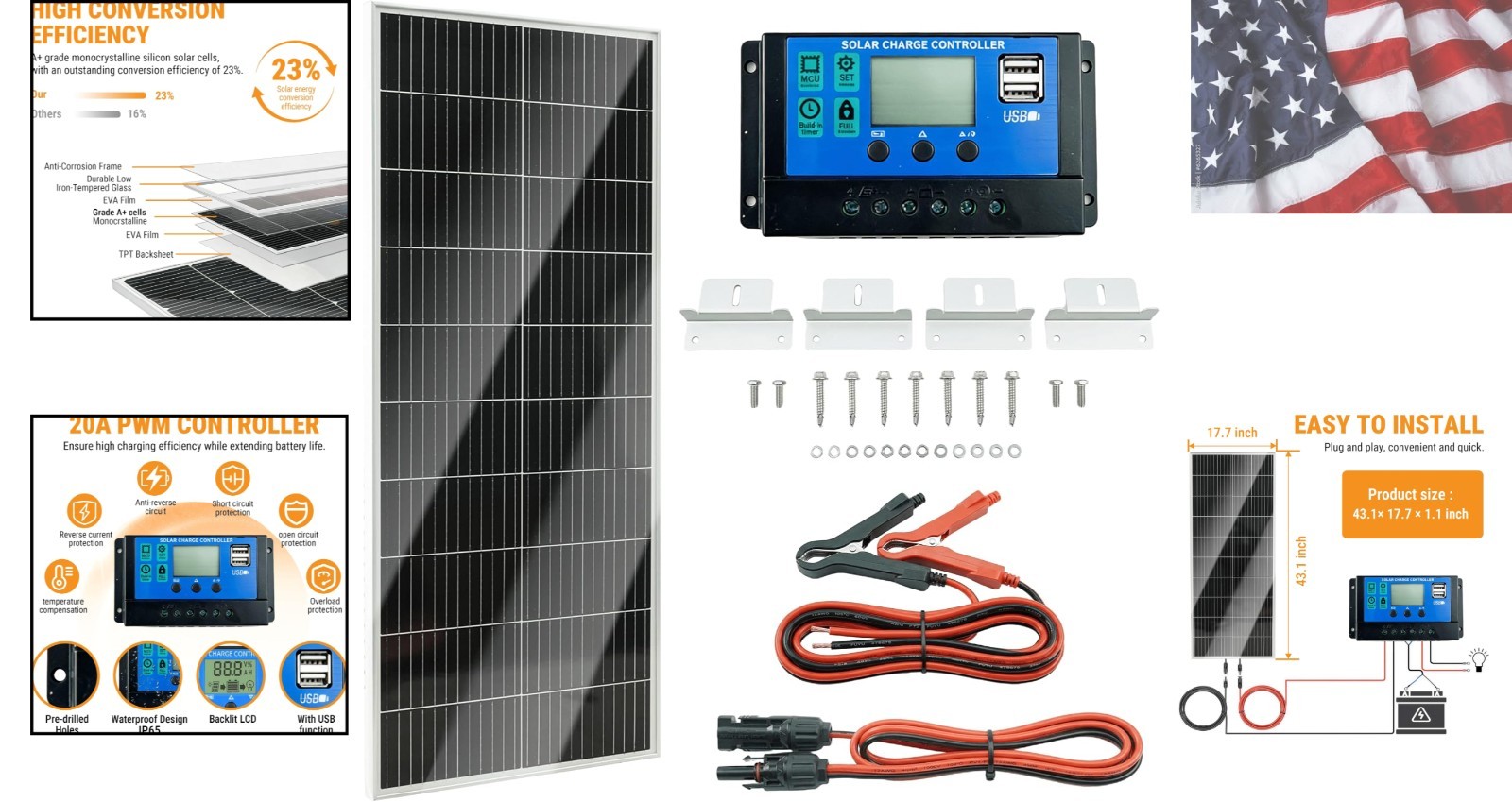 100W 12V Monocrystalline Solar Panel Kit w/ 20A PWM Charge Controller, Z Brac…
