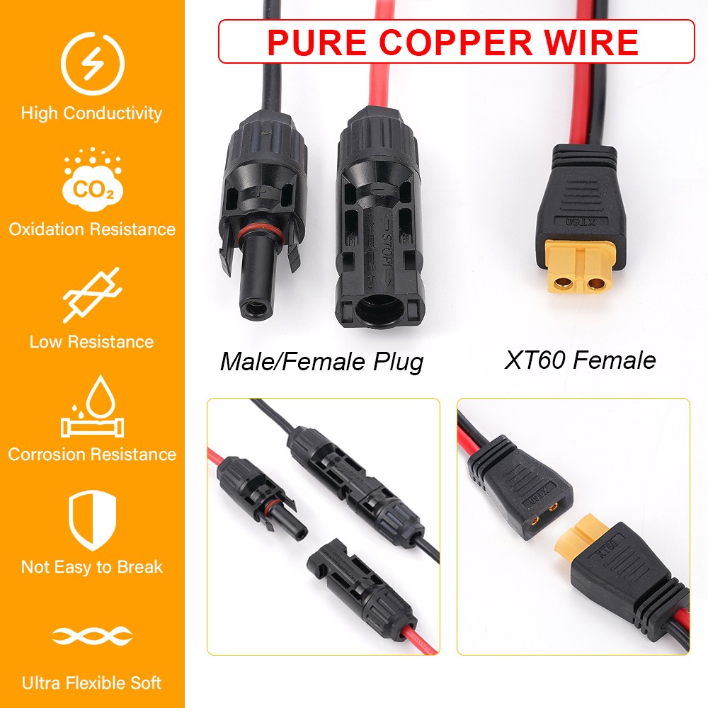 12 AWG 20 ft XT60 Female to Solar Connector Solar Panel Extension Charging Cable