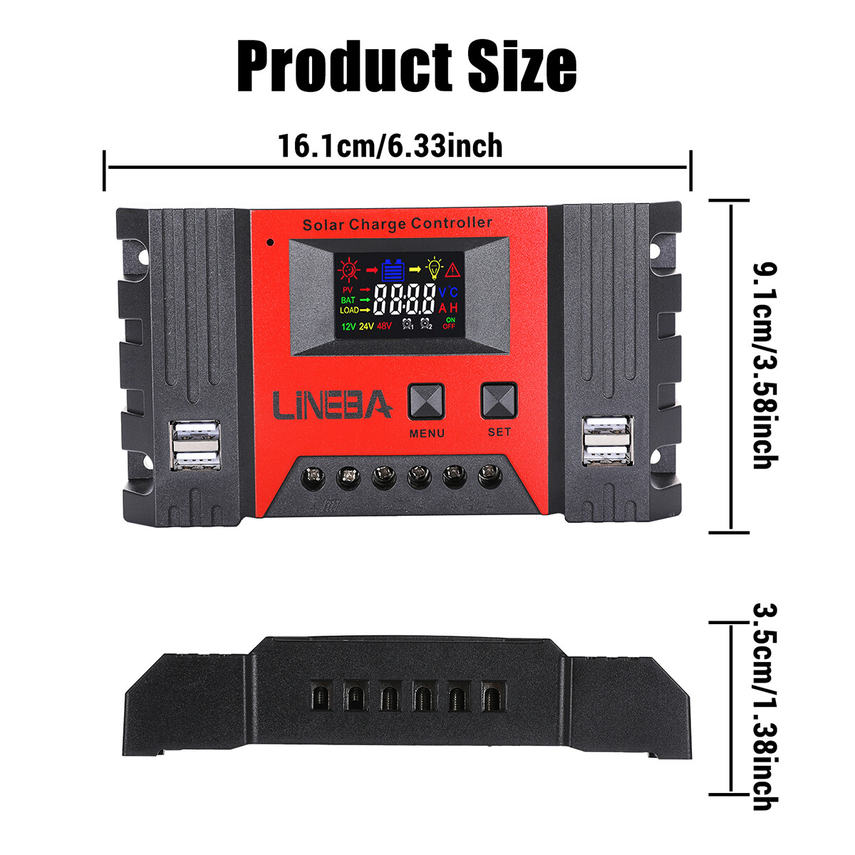 30A Solar Charge Controller PWM Regulator for 12V 24V Auto with 4 USB Ports LCD
