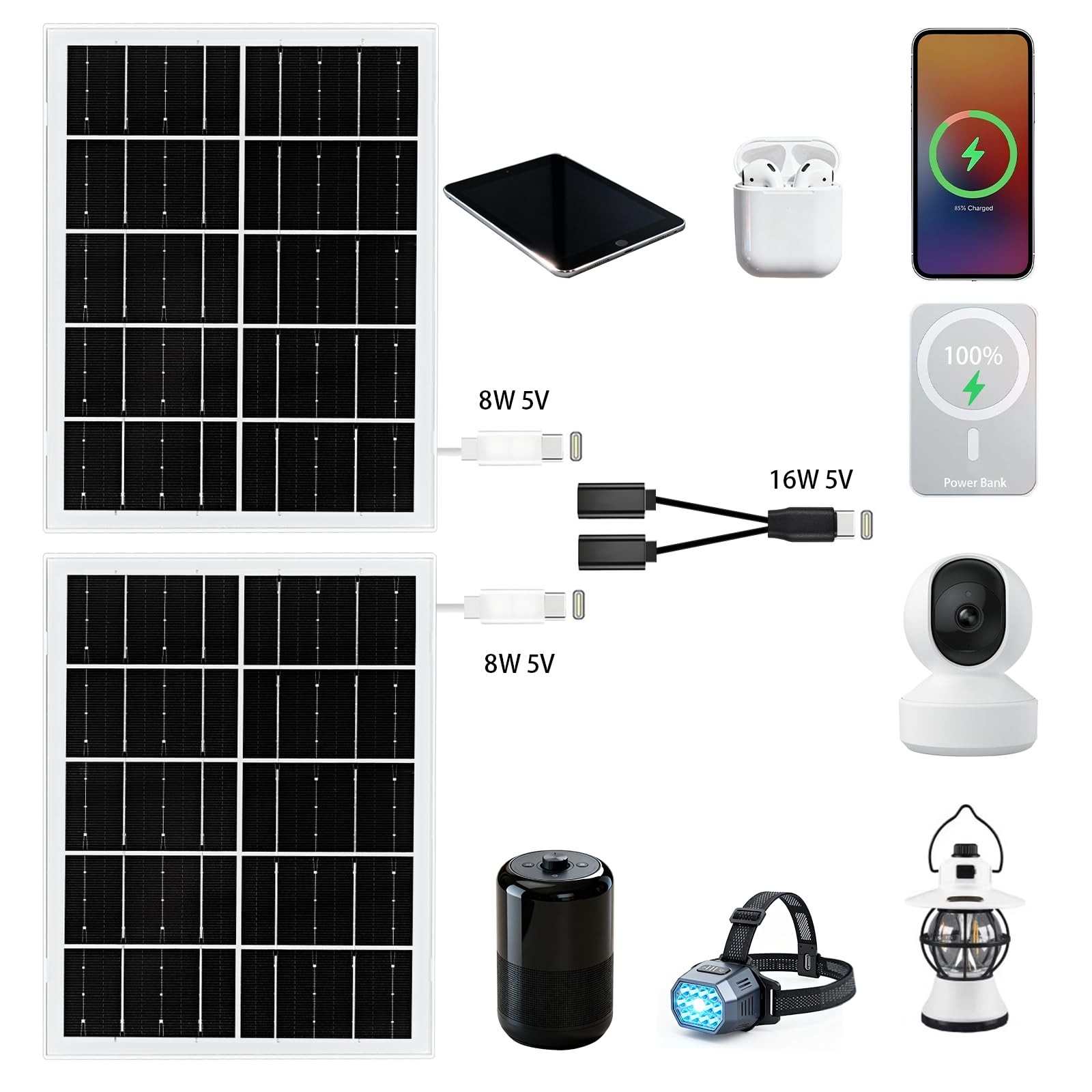 5V 16W Solar Panel 2-Pack IP65 Waterproof with USB-C/Micro USB/DC Ports 9.8ft…