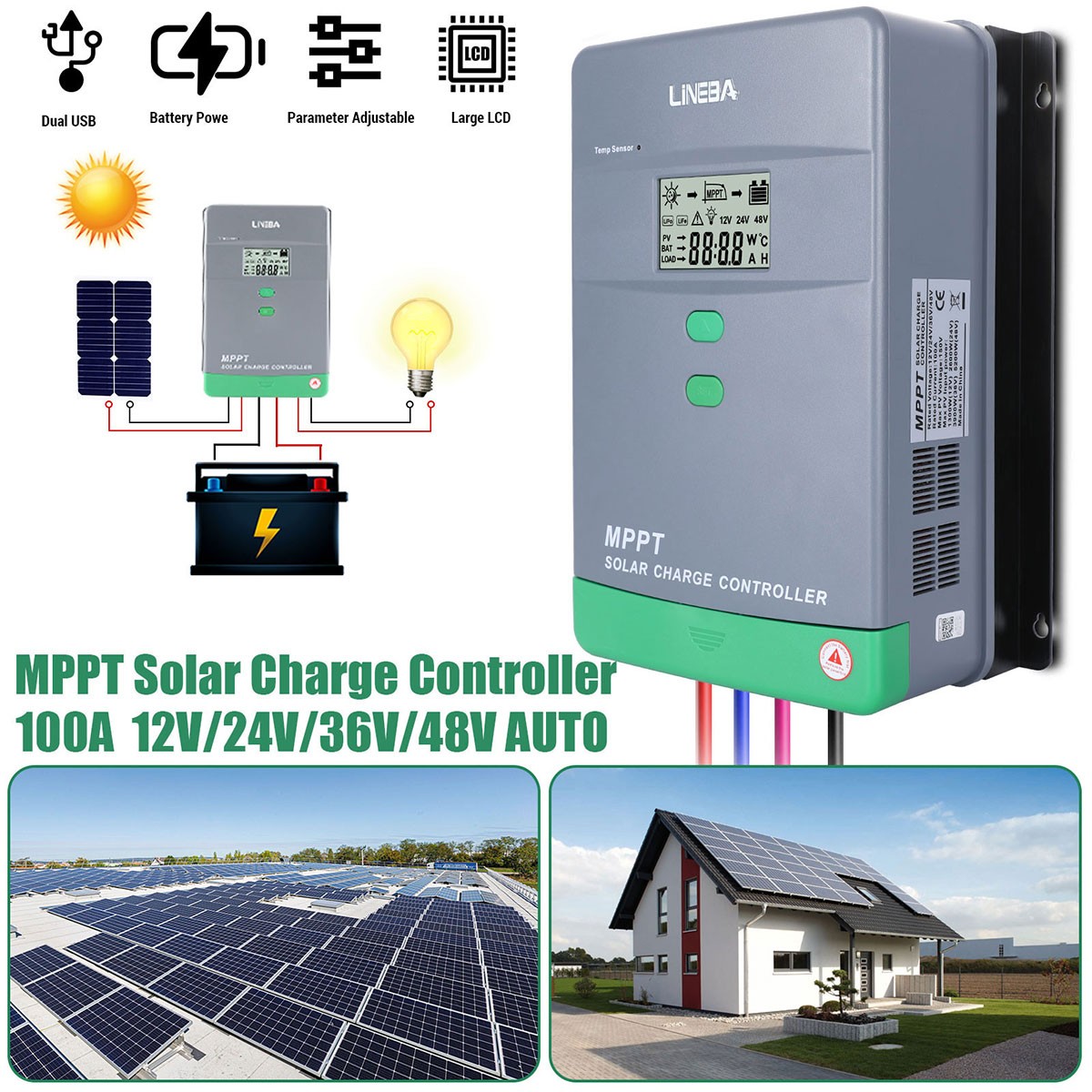 5200W 12/24/36/48V 30A~100A MPPT Solar Charge Controller Panel Battery Regulator
