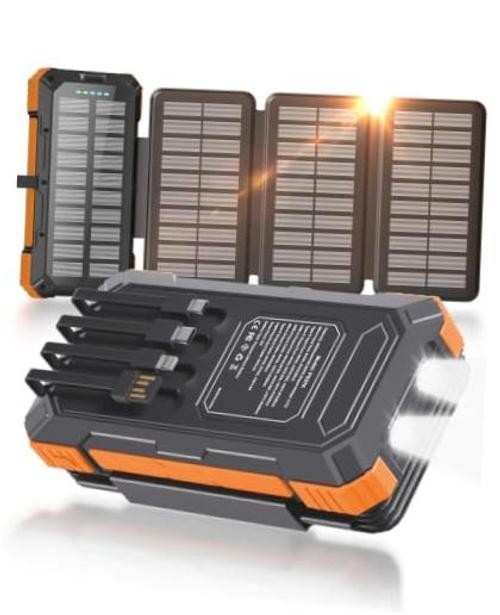 Solar Charger Power Bank 49800mAh with 4 Built-in Cables & 4 Foldable Orange