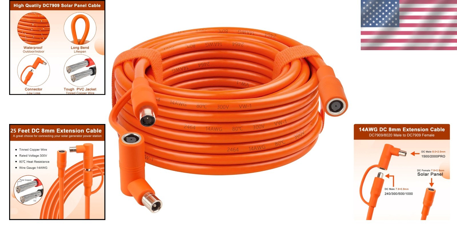 Jackery Compatible DC7909 Solar Panel Cable 25FT