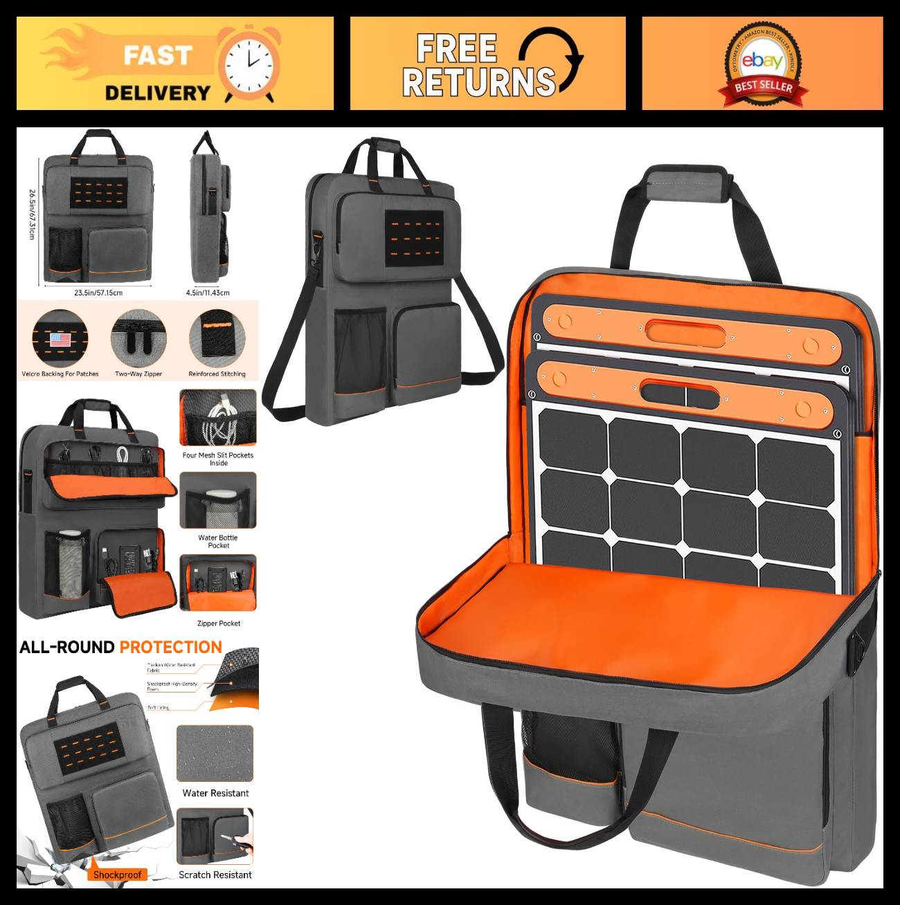 Padded Solar Panel Storage Bag for Camping & RV, Fits Jackery/Anker, Gray