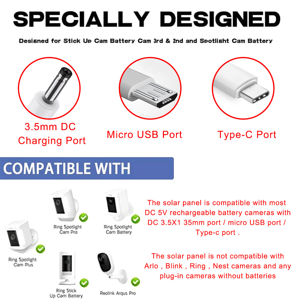 Universal Solar Battery Charger Panel for Ring Spotlight Stick Up Cam Cable