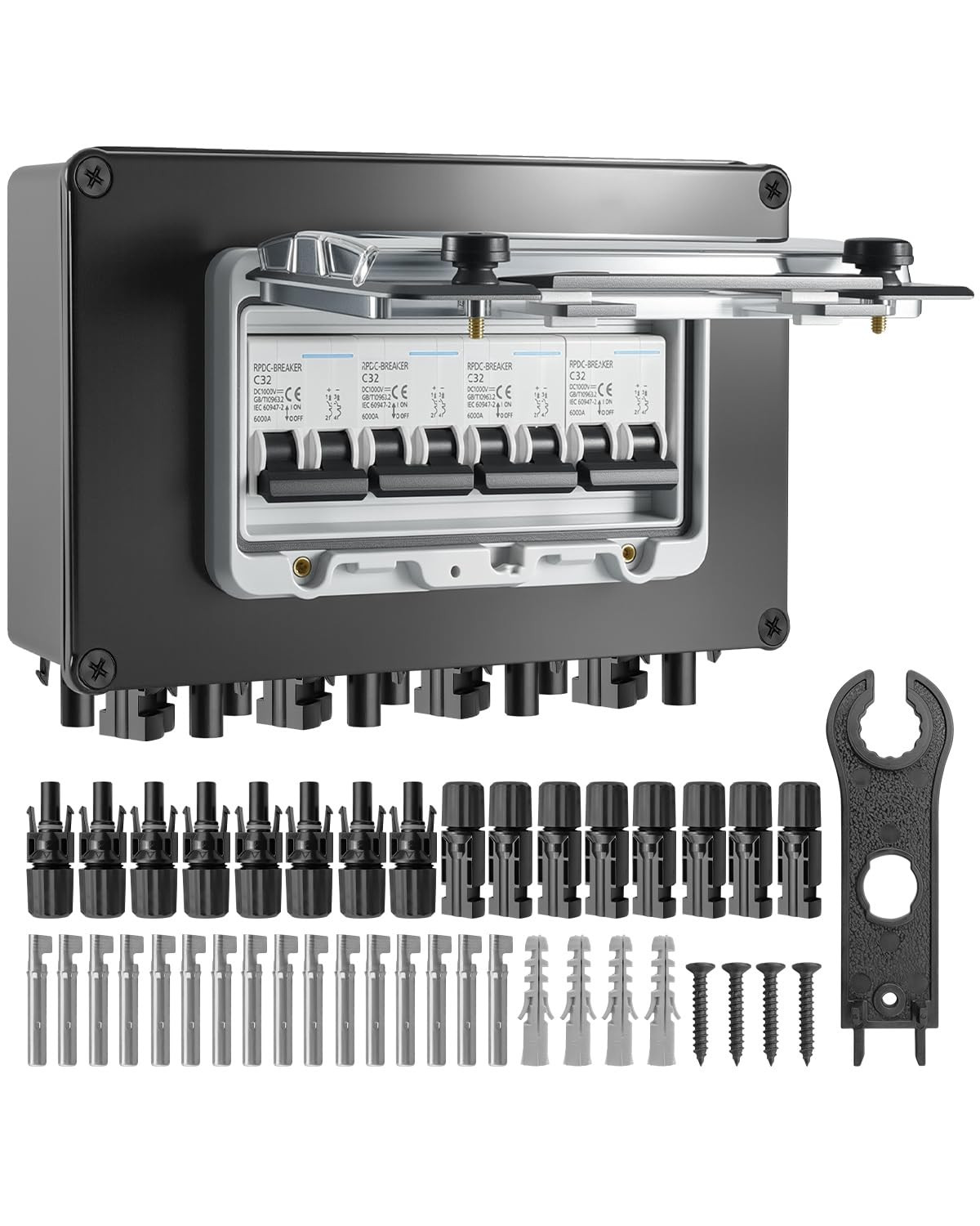 32A Solar DC Circuit Breaker Box 4 Strings, 12–1000V Solar Panel Disconnect Swit