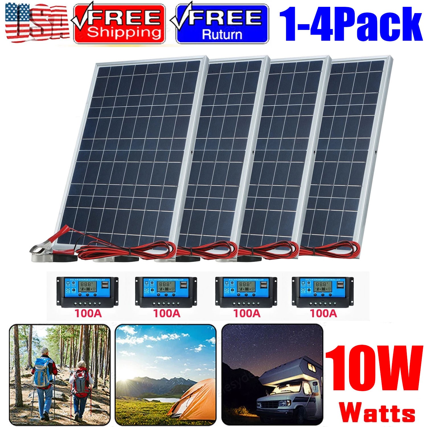 10W Solar Panel 12V Solar Battery Trickle Charger 100A W/ Controller Maintainer