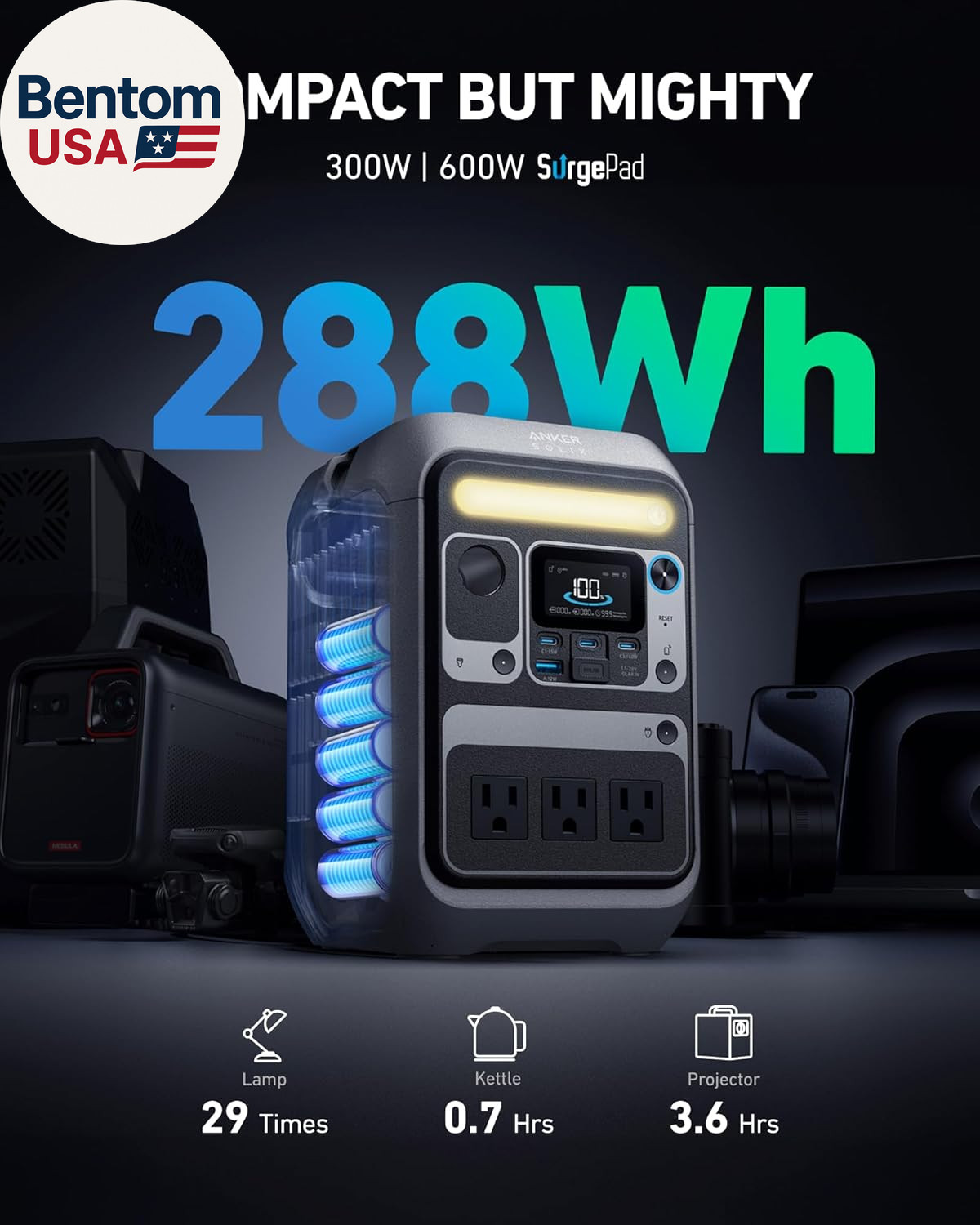 Portable Power Station SOLIX C300, 288Wh Lifepo4 Battery, 300W (600W Surge) Sola
