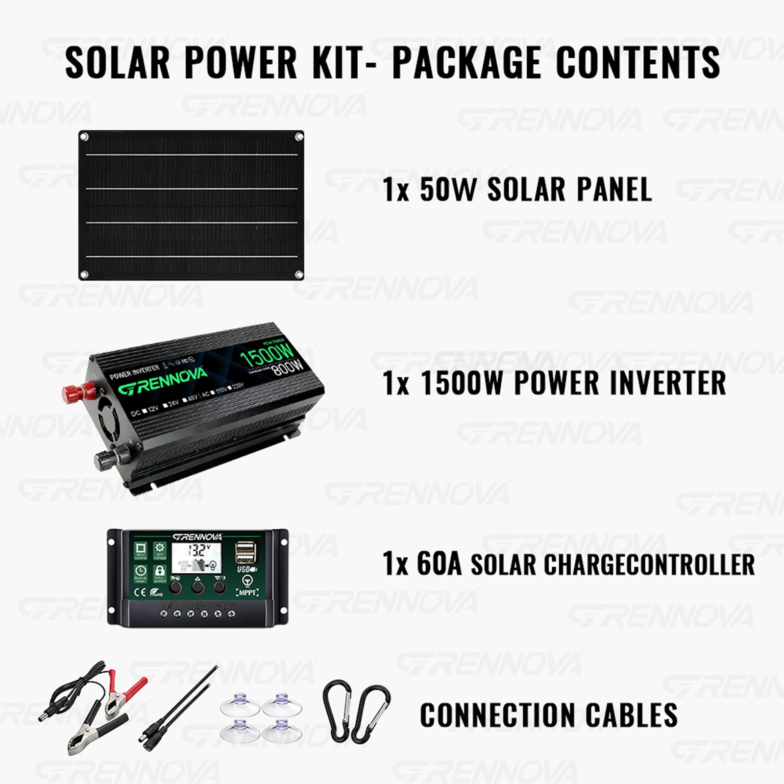 Grennova 1500W Solar DIY Kit 60A MPPT 50W Panel Off-Grid RV Camping Power