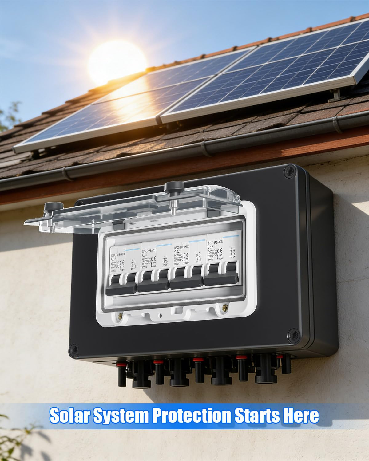 32A Solar DC Circuit Breaker Box 4 Strings, 12–1000V Solar Panel Disconnect Swit