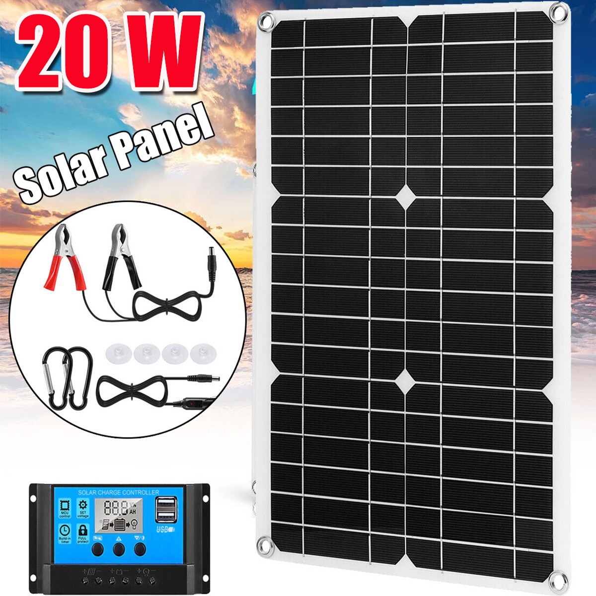 20W 12V Solar Panel Kit 12V Charging Off-Grid Battery Power RV Home Boat Camp