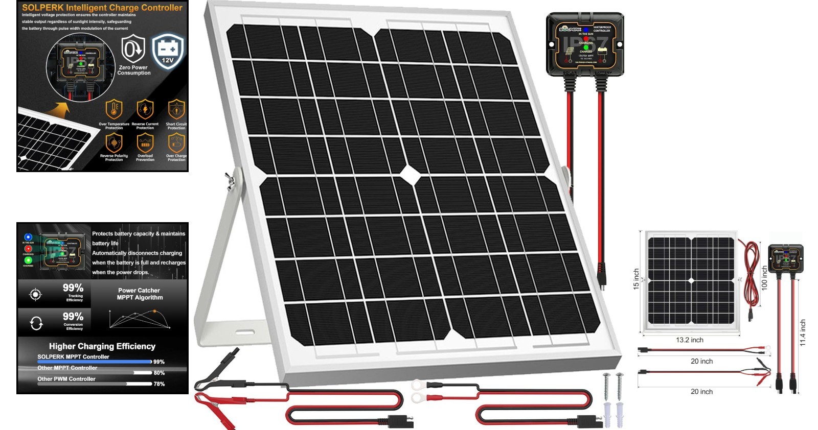 Marine RV 20W Solar Panel Kit with Smart MPPT Controller and Mount Bracket