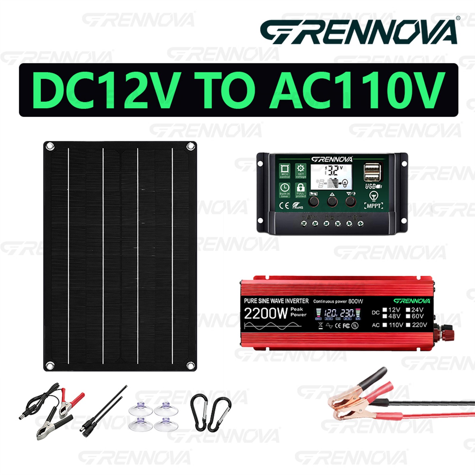 Grennova 2200W Off-Grid Solar Kit 50W Panel 60A MPPT Dual Voltage Inverter