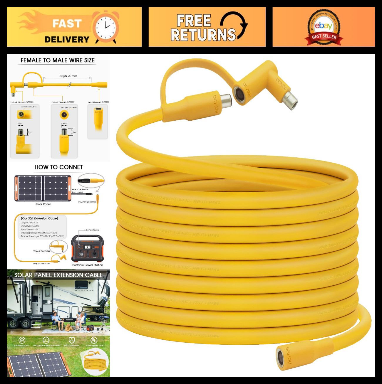 30FT Solar Panel Extension Cable 14AWG 8mm DC Connector for Portable Power Stati