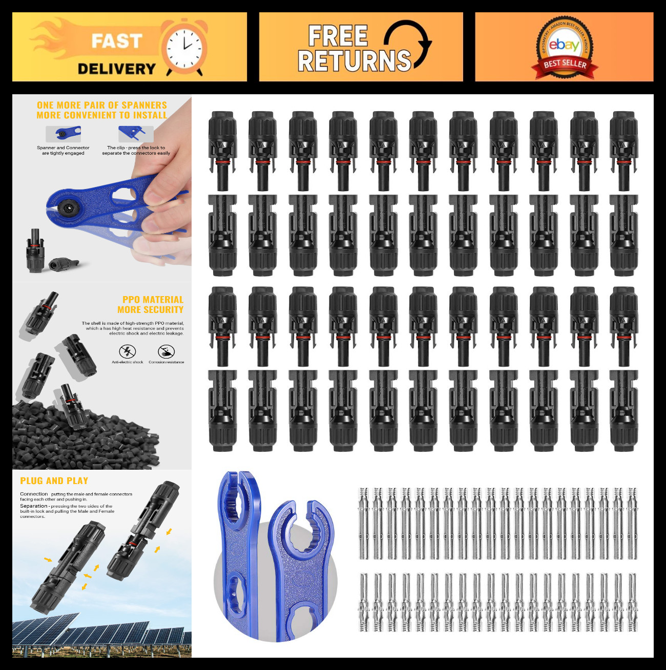 44PCS Waterproof Solar Panel Connectors Kit – 22Pairs Male/Female 10AWG Cables