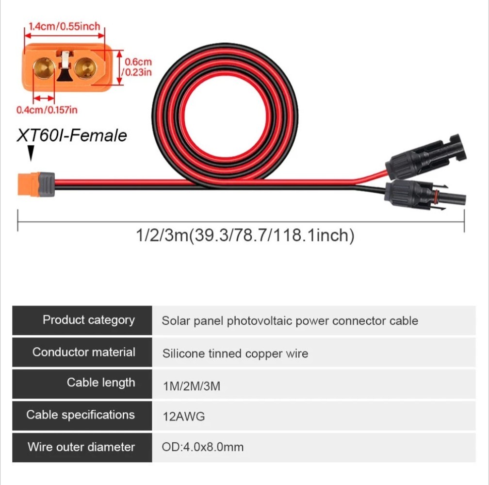 10ft XT60i Female to Solar Connector Solar Panel Charging Cable 12 AWG-SEE NOTE*