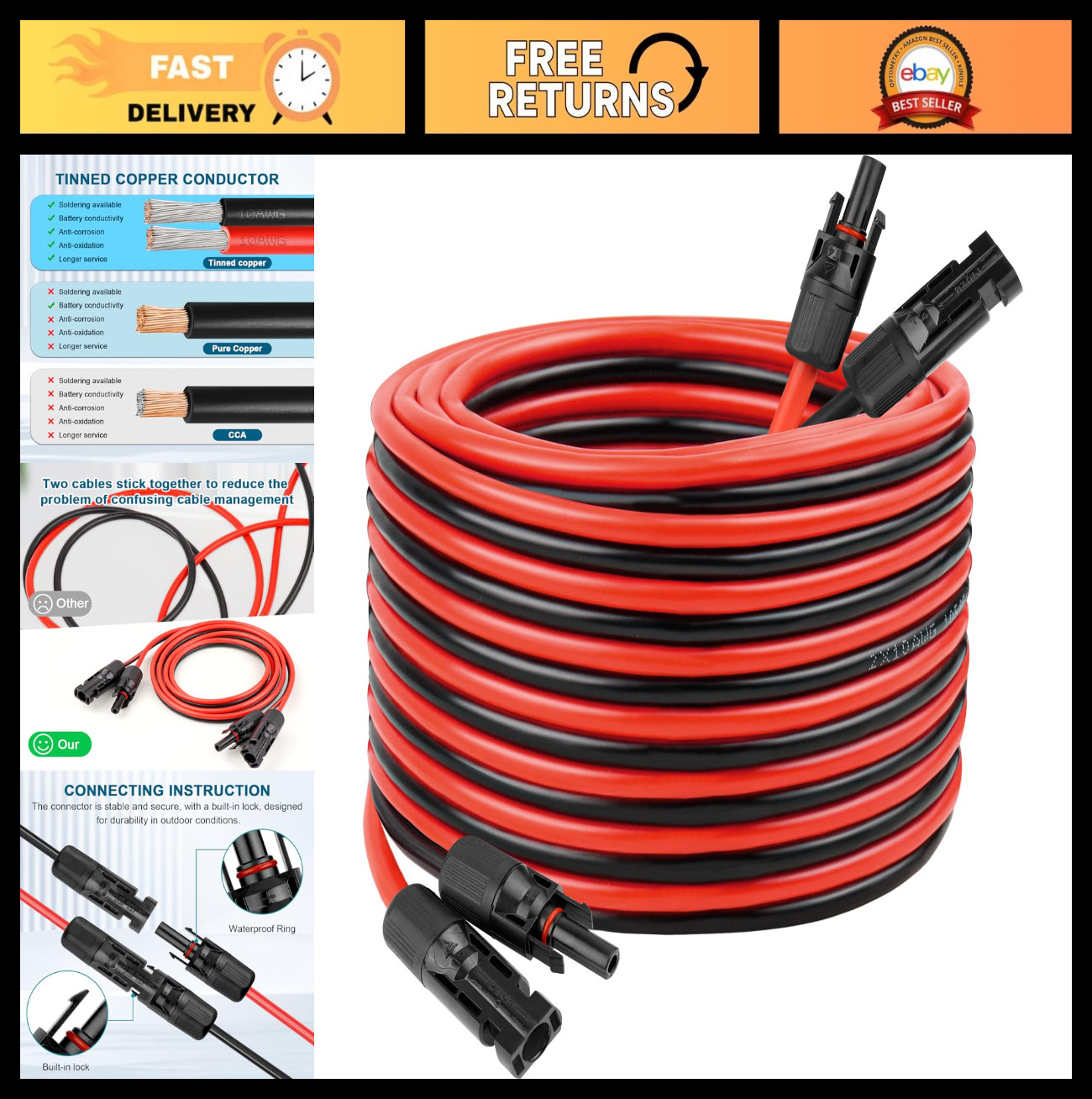 30FT 10 AWG Solar Extension Cable, Flexible Tinned Copper Wire for RV, Boat, Out