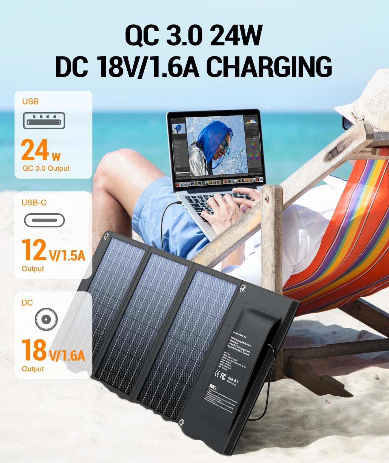Foldable 30W Solar Panel, USB-A QC3.0 & USB-C DC Outputs